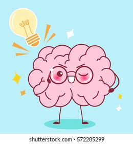cute cartoon smart brain with blue background 