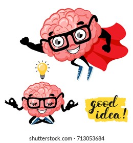 Cute cartoon smart brain with lettering good idea. cartoon character mascot of the brain with glasses and superman brain.Lightbulb idea concept. Vector illustration isolated on background
