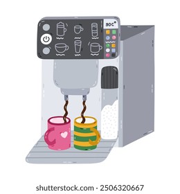 Cute cartoon smart coffee machine making coffee in mugs, multiple buttons and settings. Hand drawn intelligence electric coffee maker. Professional automatic barista device to control via smartphone.