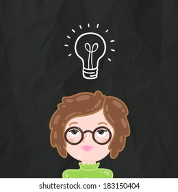 Cute cartoon smart girl and bulb lamp idea on chalkboard. Education vector illustration.