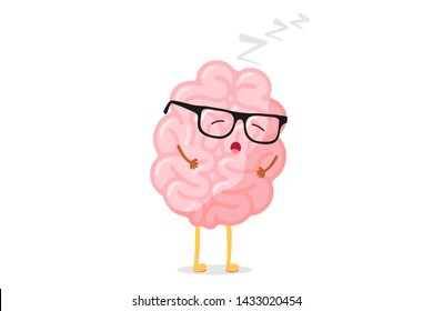 Cute cartoon smart human brain with glasses relaxation. Central nervous system sleeping organ funny vector illustration