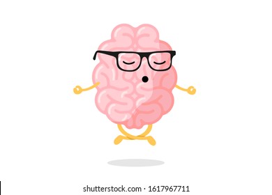 Cute cartoon smart human brain character with glasses relaxation meditate concept. Central nervous system organ meditation in lotus yoga pose. Funny relax concept vector illustration