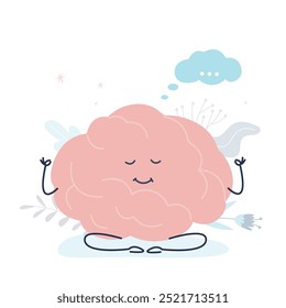 Cute cartoon smart human brain character relax and meditate. Central nervous system organ meditation in lotus yoga pose. Mental calm, funny relax brain mascot. flat vector illustration