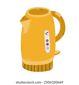 Cute cartoon smart kettle for making tea and coffee via smartphone. Hand drawn intelligence electric tea pot with indicators. Internet of things kitchen device isolated on background.