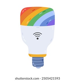 Lámpara elegante linda de la historieta con la luz del arco iris y el wi-fi para la técnica casera inalámbrica del control vía teléfono. Bombilla electrónica de inteligencia dibujada a mano. Dispositivo de Internet de las cosas para la automatización de las tareas domésticas.