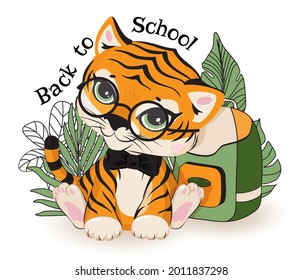 Cute cartoon smart little tiger cub wear glasses and bow tie, is sitting with school bag, palm leaves, vector Back to school poster, banner, copybook cover, t-shirt print. Isolated on white background