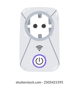 Lindo zócalo inteligente de dibujos animados con wi-fi para la técnica de control inalámbrico a través del teléfono inteligente. Línea de tira de electricidad de inteligencia dibujada a mano aislada en el fondo. Dispositivo Electrónica de Internet de las cosas.