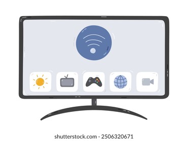 Cute cartoon smart TV with internet and wireless control via smartphone. Hand drawn intelligence television display for watching video, webinar, news. Internet of things device isolated on background.