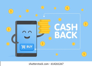 Cute cartoon smartphone characters with buy buttons icon and coins fall rain background. Cashback concept vector illustration.