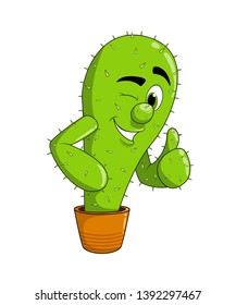 Cute cartoon smile cactus showing shows gesture cool - thumb up. Funny happy plant character. Cartoon vector Illustration. Isolated on white background.