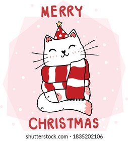 cute cartoon smile cat in red scarf and winter santa hat, Merry Christmas, idea for greeting card, shirt print, wall art, decoration, flat vector doodle cat