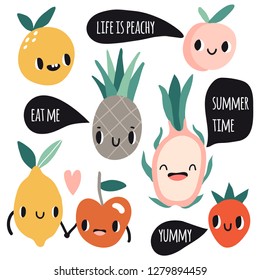 Cute cartoon smile fruits characters with speech bubbles. Flat icons set: orange, apple, pineapple, peach, lemon. Colorful design for cards, banners, printed materials. Cute doodle style emoticons.