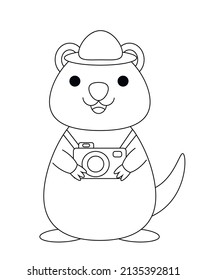 Cute Cartoon Smile Quokka And Camera. Draw Illustration In Black And White