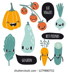 Cute cartoon smile vegetable characters with speech bubbles. Flat icons set: pumpkin, carrot, tomato, cucumber, onion. Colorful design for cards, banners, printed material. Cute doodle style emoticons