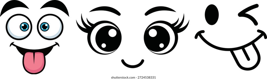 Conjunto de expresiones de cara sonriente de dibujos animados lindos con divertidos ojos e iconos de boca 