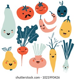 Cute cartoon smiley fruit and vegetable characters. Flat icons set: pepper, carrot, tomato, pear, onion. Colorful design for cards, banners, printed materials. Cute doodle style emoticons.