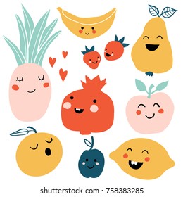 Cute cartoon smiley fruits characters. Fruits and berries flat icons set: lemon, orange, apple, pear, pineapple. Colorful design for cards, banners, printed materials. Doodle style.