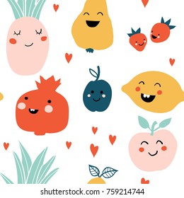 Cute cartoon smiley fruits characters. Fruits and berries seamless pattern: lemon, apple, pear, pineapple. Colorful design for cards, banners, printed materials. Doodle style.