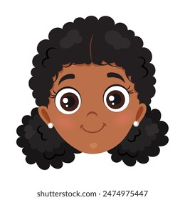 Lindo dibujo animado sonriente personaje de chica africana con pelo negro rizado.