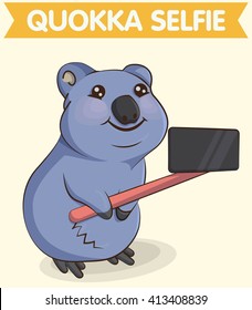 Cute Cartoon Smiling Australian Quokka Animal Making Selfie Photo With A Phone And Telescopic Selfie Stick. For Mugs, T-shirts And Other Designs.