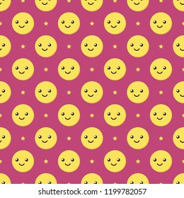Cute cartoon smiling ball characters, emoji and stars seamless pattern background.
