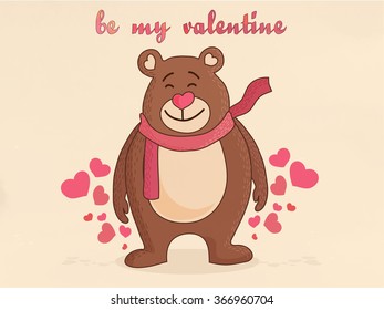 Cute cartoon of smiling bear saying Be my Valentine on hearts decorated background for Happy Valentine's Day celebration.