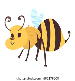 Cute cartoon smiling bee with cmall wings. Isolated vector bug illustration on white background.