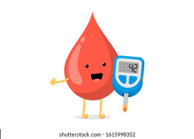 Cute cartoon smiling blood drop character with glucometer. Diabetic glucose measuring device with normal sugar level. Vector flat illustration