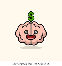 Lindo cerebro sonriente de dibujos animados con un signo de dólar está feliz de hacer dinero en línea.