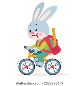 Cute cartoon smiling bunny with school bag riding bicycle to school. Animals back to school. Isolated illustration in flat style. 