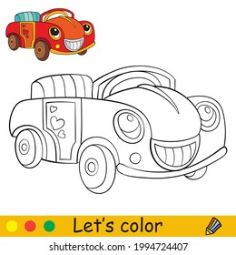 Cute cartoon smiling car. Coloring book page with colorful template for kids. Vector isolated illustration. For coloring book, print, game, party, design