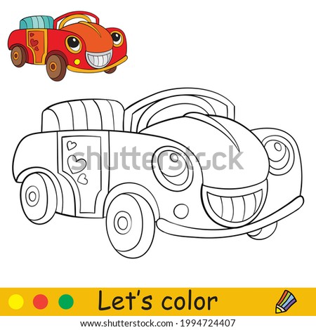 Cute cartoon smiling car. Coloring book page with colorful template for kids. Vector isolated illustration. For coloring book, print, game, party, design
