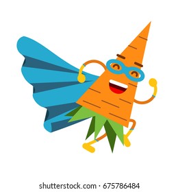 Cute cartoon smiling carrot superhero in mask and blue cape, colorful humanized vegetable character vector Illustration