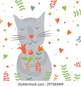 Cute cartoon smiling cat with floral print and hearts. You can use to design greeting cards and children's printing