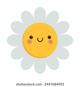 Cute cartoon smiling chamomile character. Childish style. Sun icon. Vector illustration