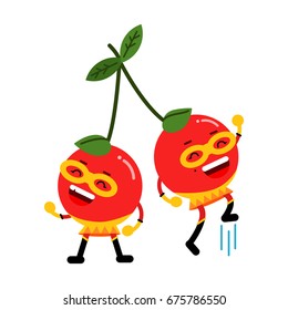 Cute cartoon smiling cherries superheroes in masks, colorful humanized berries character vector Illustration