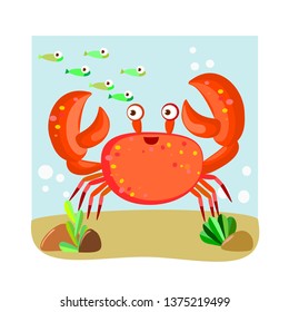 cute cartoon smiling crab in ocean