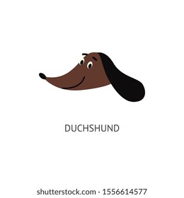 Cute cartoon smiling dachshund dog head isolated on white background - happy brown pet animal face looking friendly and playful - flat vector illustration