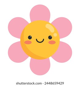 Cute cartoon smiling daisy flower character. Childish style. Vector illustration