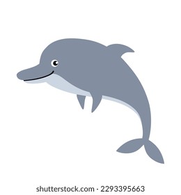 Cute cartoon smiling dolphin. An inhabitant of the underwater world. Vector illustration. Isolated element on a white background.