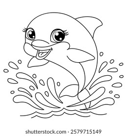 Cute cartoon smiling dolphin. The dolphin is leaping from the water, surrounded by splashes. Simple black and white vector style is ideal for children’s coloring activities