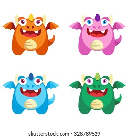Cute cartoon smiling dragon character with wings and a tail in different colors