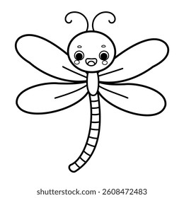 Cute cartoon smiling dragonfly vector illustration in black and white isolated on white background