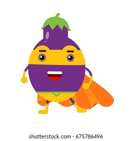 Cute cartoon smiling eggplant superhero in mask and orange cape, colorful humanized vegetable character vector Illustration