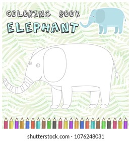 Cute cartoon smiling elephant silhouette for coloring book. Childish flat illustration of big elephant for kids app design, educational and fun color games