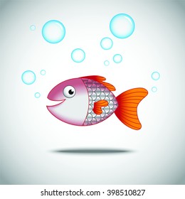 Cute cartoon smiling fish with bubbles around. Vector illustration.