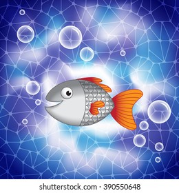 Cute cartoon smiling fish in deep sea waters. Vector illustration.