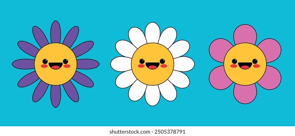 Cute cartoon smiling flower characters in childish style. Happy daisy and chamomile. Vector illustration