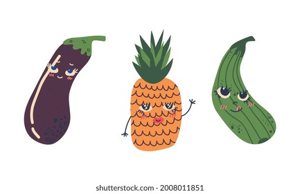 Caricatura ligera Fruta sonriente y carácter vegetal con conjunto de vectores manos