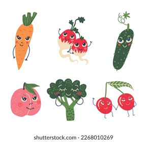 Cute Cartoon Smiling Fruit and Vegetable Character with Hands Vector Set